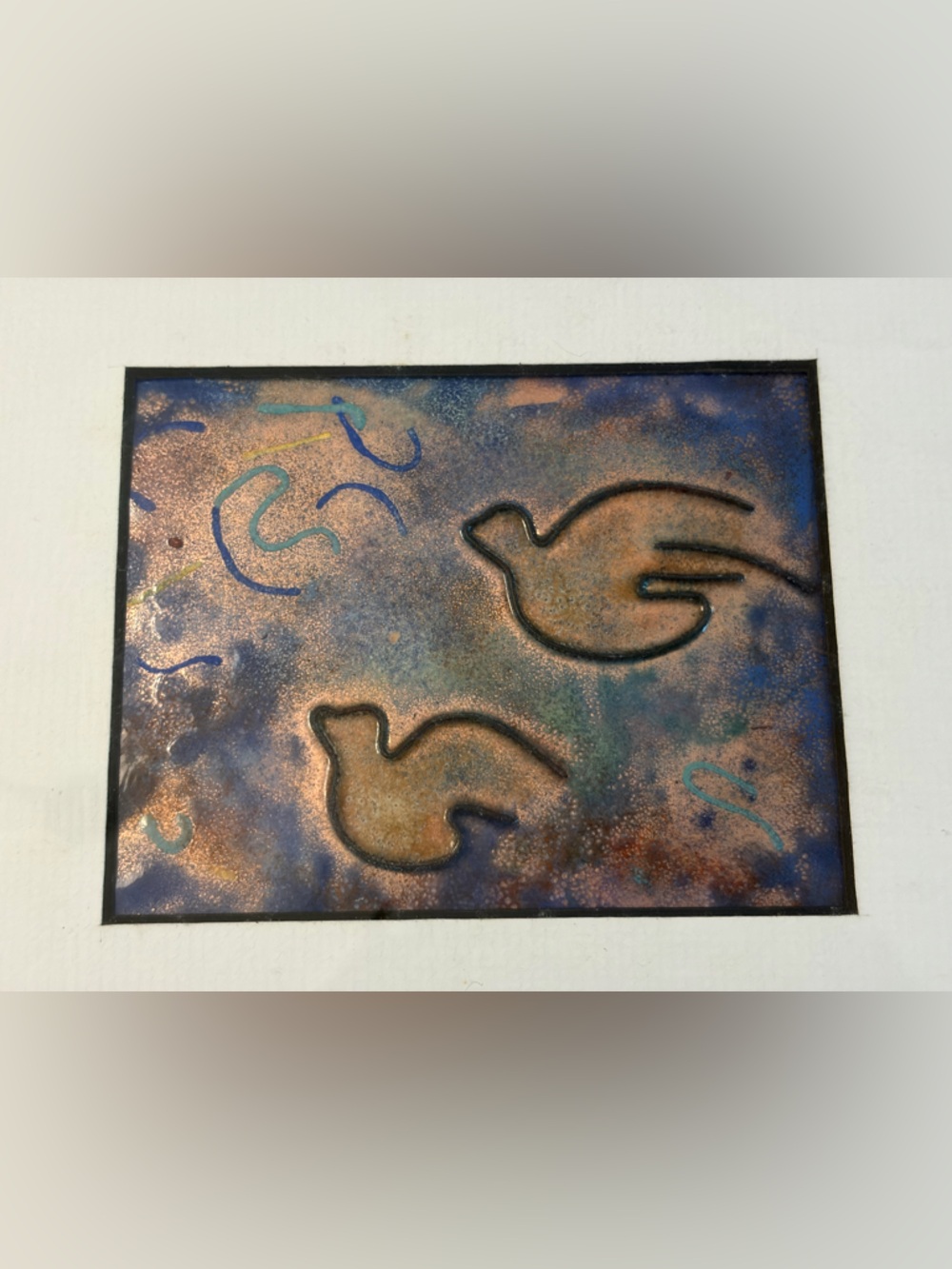 Marguerite Carideo Birds In Flight Fired Enamel on Copper Art Framed Artwork